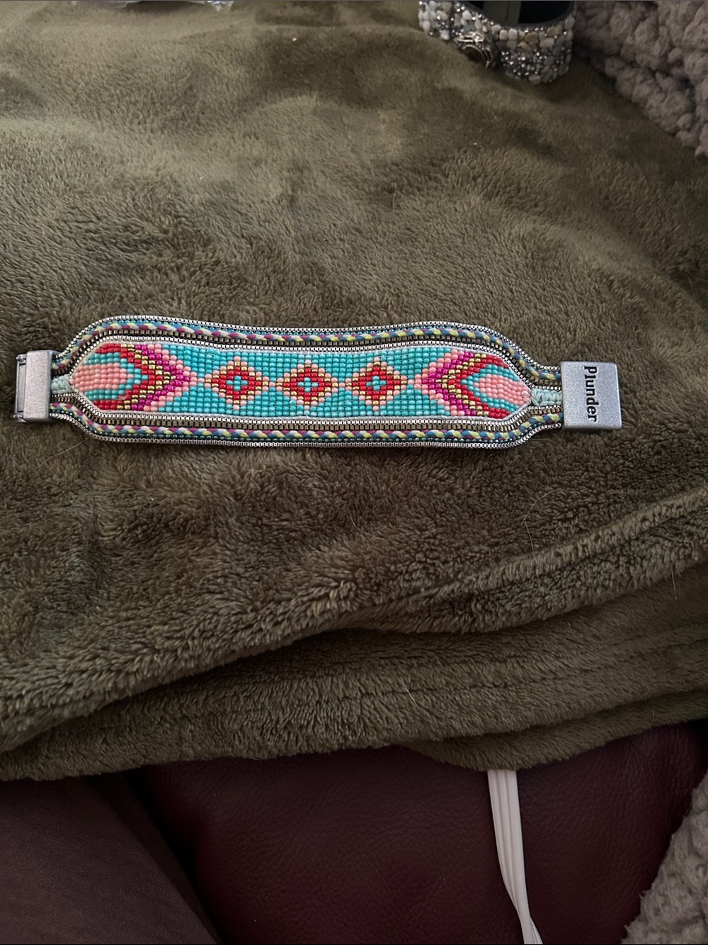 Plunder Turquoise & Pink Beaded Cuff Bracelet with Coral Accents